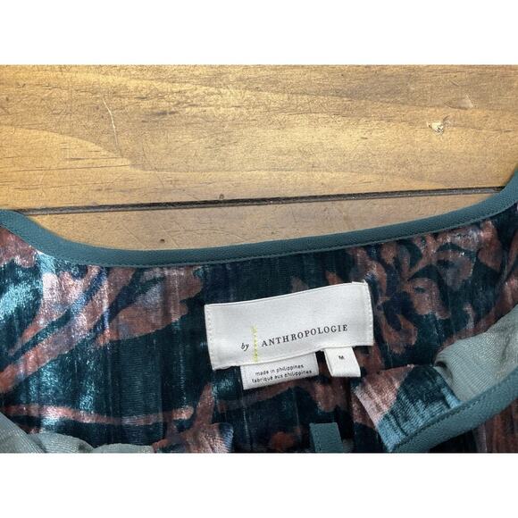 Anthropologie Faustine Velvet Peasant Blouse Medium Green Pink Oversized Boho - Picture 6 of 13